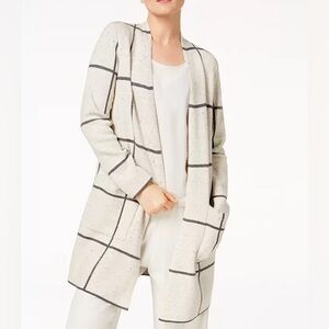 $318 Eileen Fisher Windowpane Open Front Wool / Cotton Striped Cardigan XL NWT